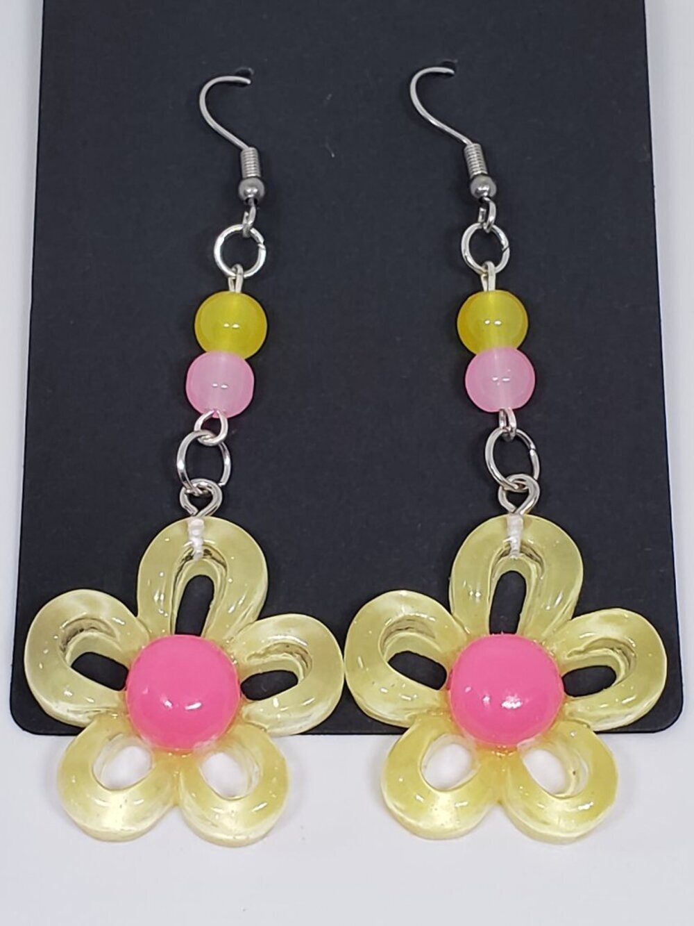 Handmade Pink Yellow Beaded Resin Glass Flower Earrings